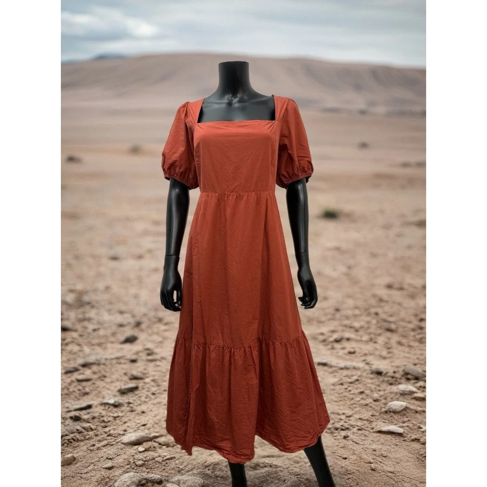 ASTR The Label Brick Puff Sleeve Midi Dress‎ Square Neck Tiered Skirt Size L